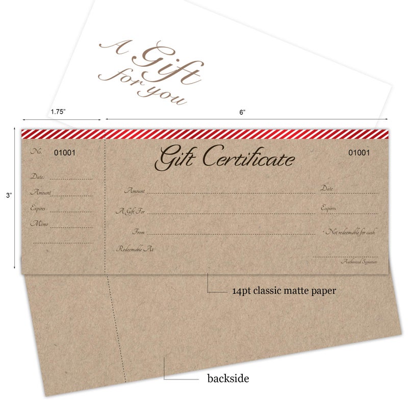 IMPACTONLINEPRINTING Blank Gift Certificates Cards with Free Envelopes 25 set-Stripes on Red Bar with kraft background image - Image 2